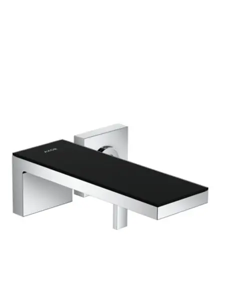 Waschtischmischer von AXOR mit einer schwarzen Glasoberfläche und einem verchromten Unterbau für die Wandmontage, mit einem geraden, eleganten Auslauf.